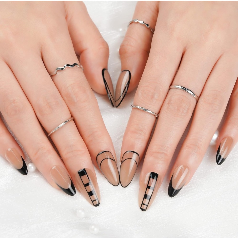 BUNDLE ANY 3 FOR $25 Abstract Design Black/Nude color - Press on Gel Nails 💅